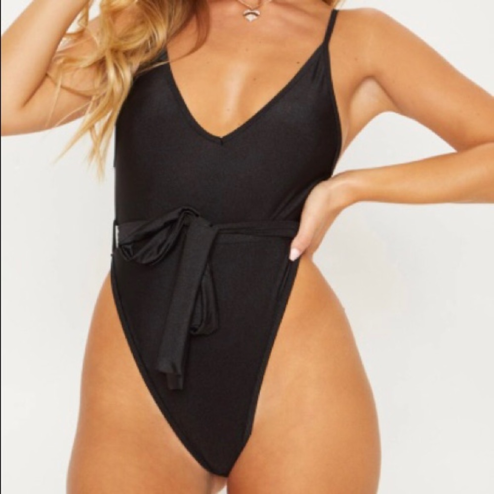 Pretty Little Thing Black Tie Belted swimsuit